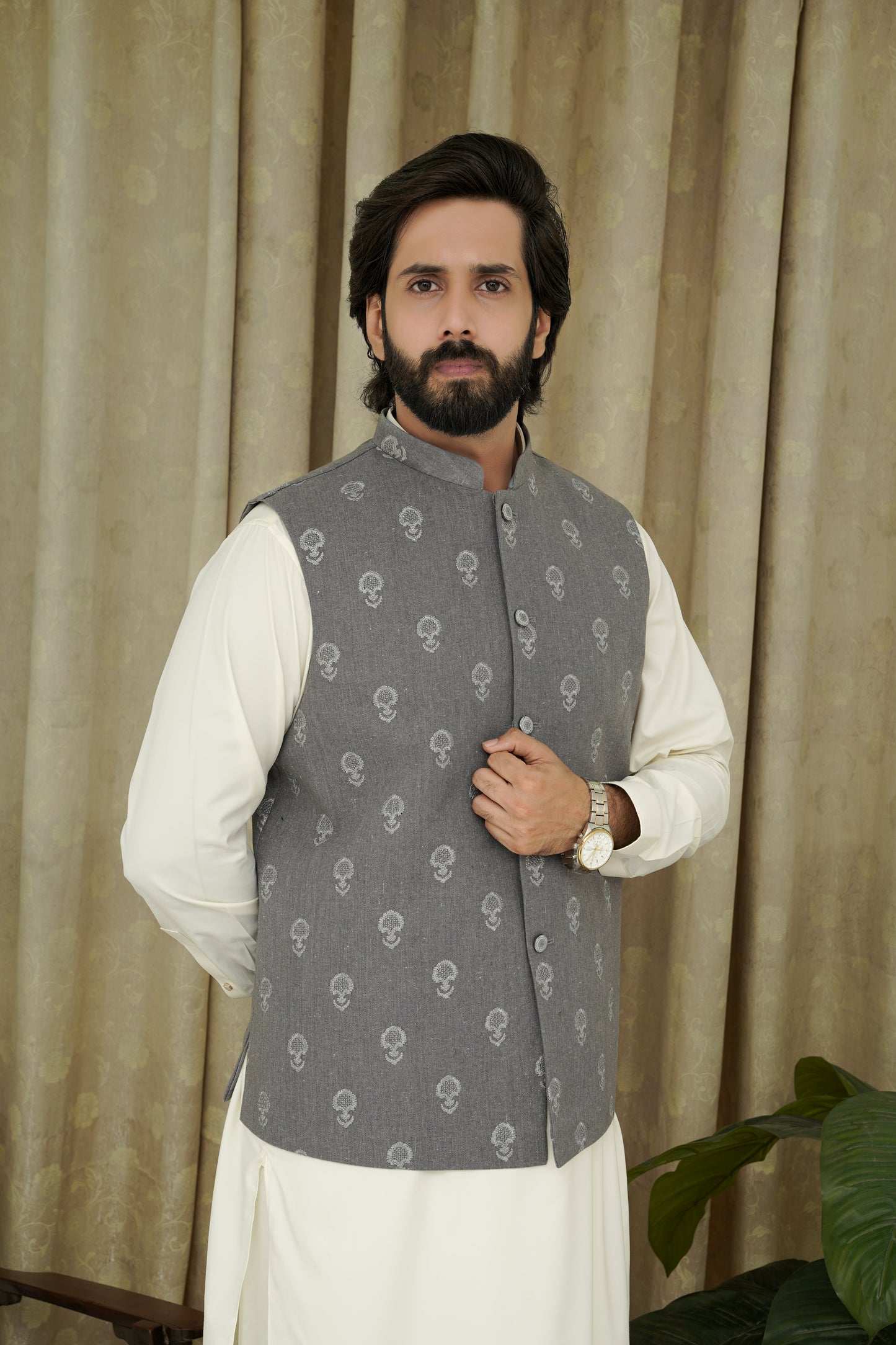 GRAY EMBROIDERY MEN'S WAIST COAT
