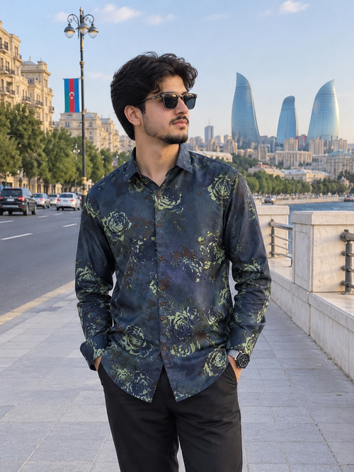MEN'S GRAY PRINTED DENIM CASUAL SHIRT