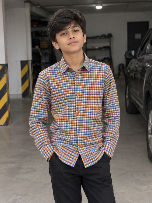 KID'S ORANGE BLUE WHITE CHECK CASUAL SHIRT