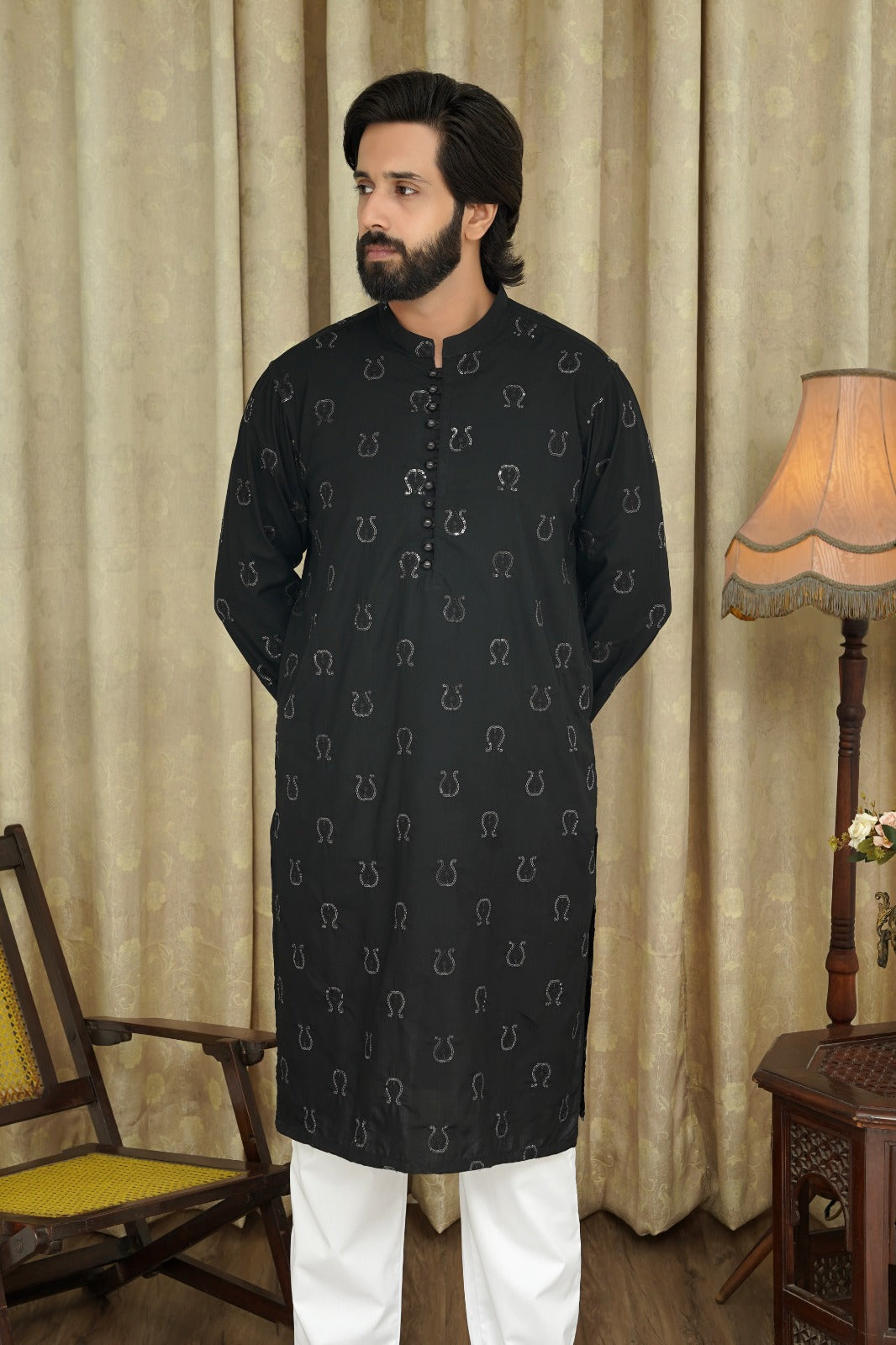 BLACK EMBROIDED CHICKEN MEN'S KURTA