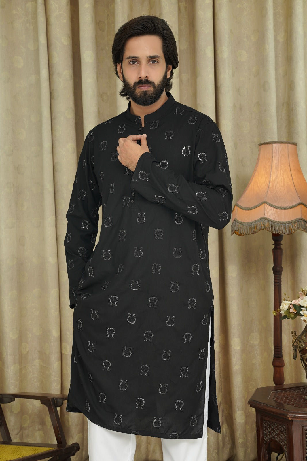 BLACK EMBROIDED CHICKEN MEN'S KURTA