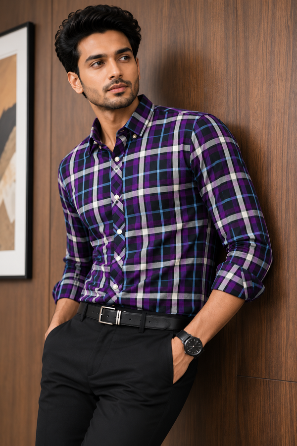 MEN'S PURPLE CHECK CASUAL SHIRT