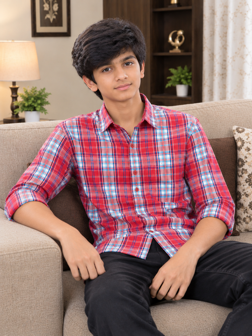 KID'S RED ICE BLUE CHECK CASUAL SHIRT