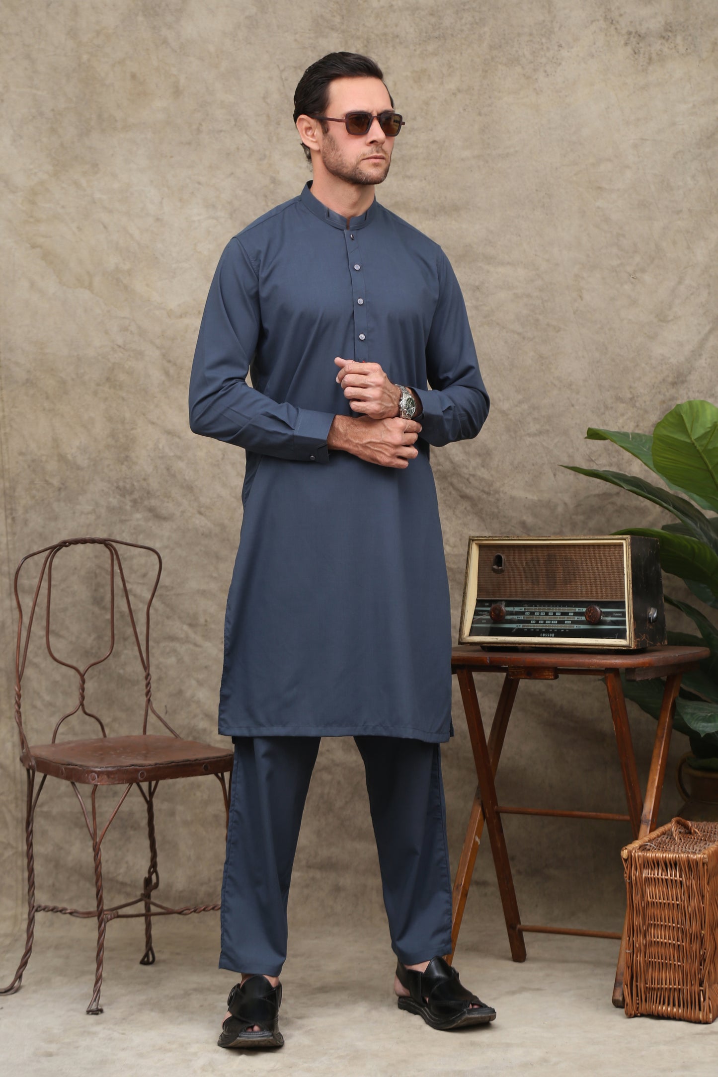 STONE BLUE COTTON MEN'S KAMEEZ SHALWAR - maqsood.pk