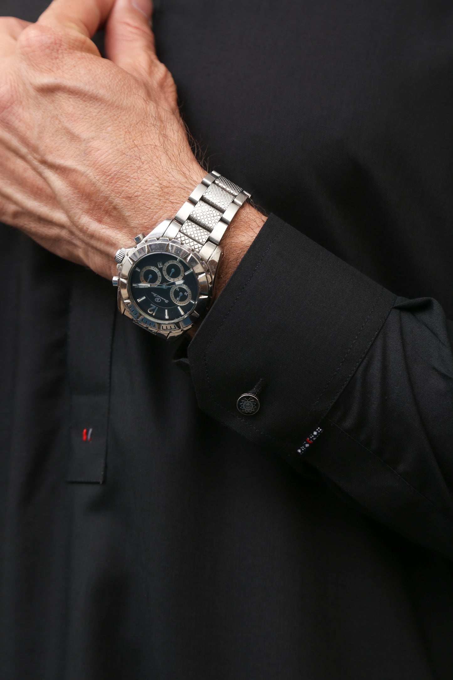 BLACK WASH & WEAR MEN'S SHALWAR KAMEEZ WITH BLACK BUTTONS