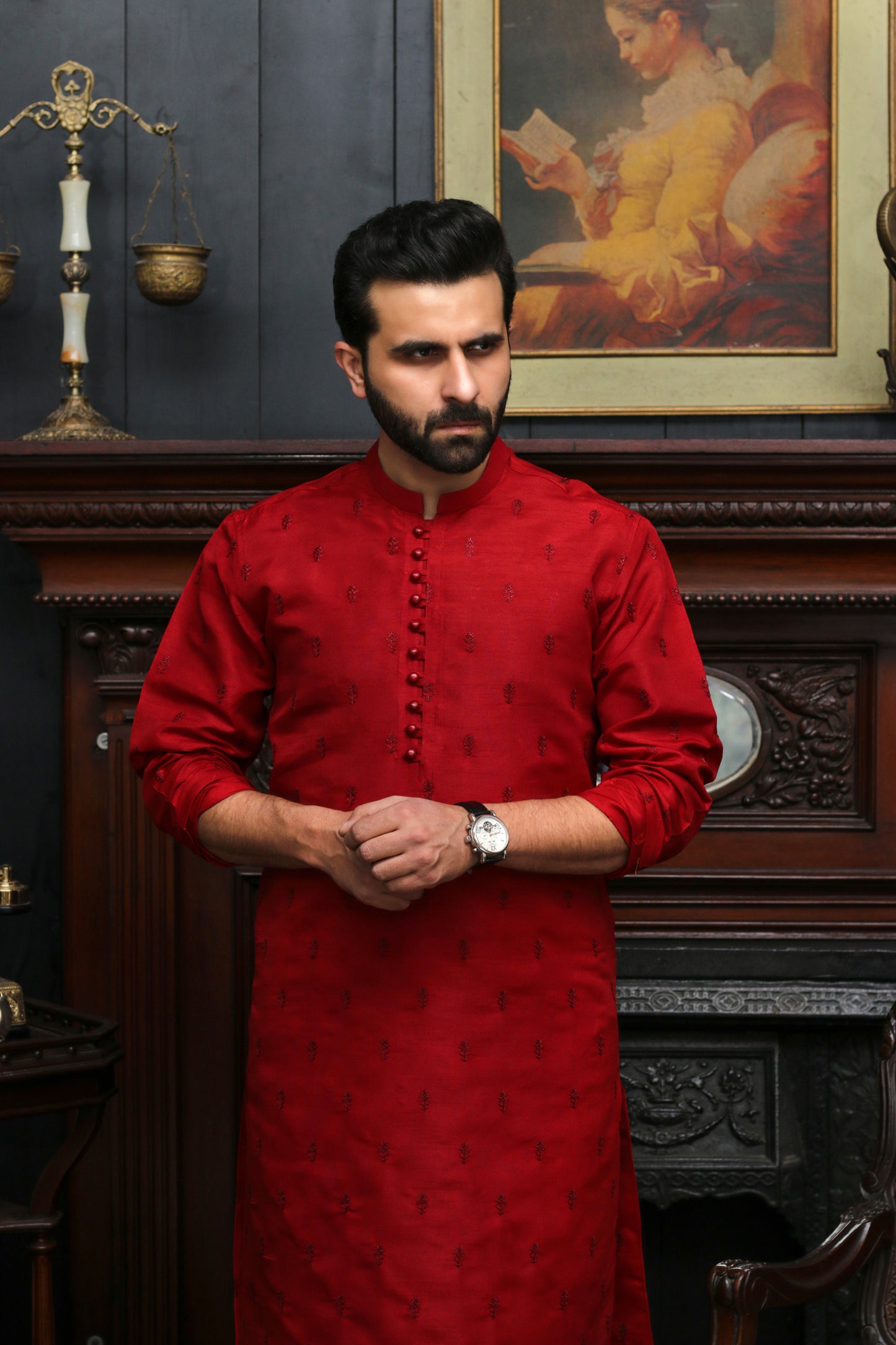 RED EMBROIDED MEN'S COTTON KURTA