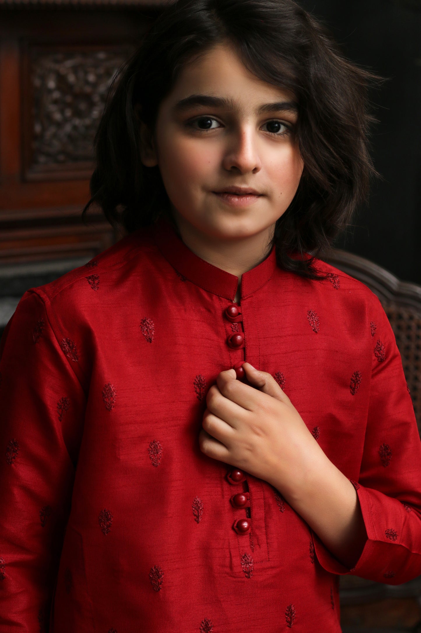 RED EMBROIDED KID'S COTTON KURTA