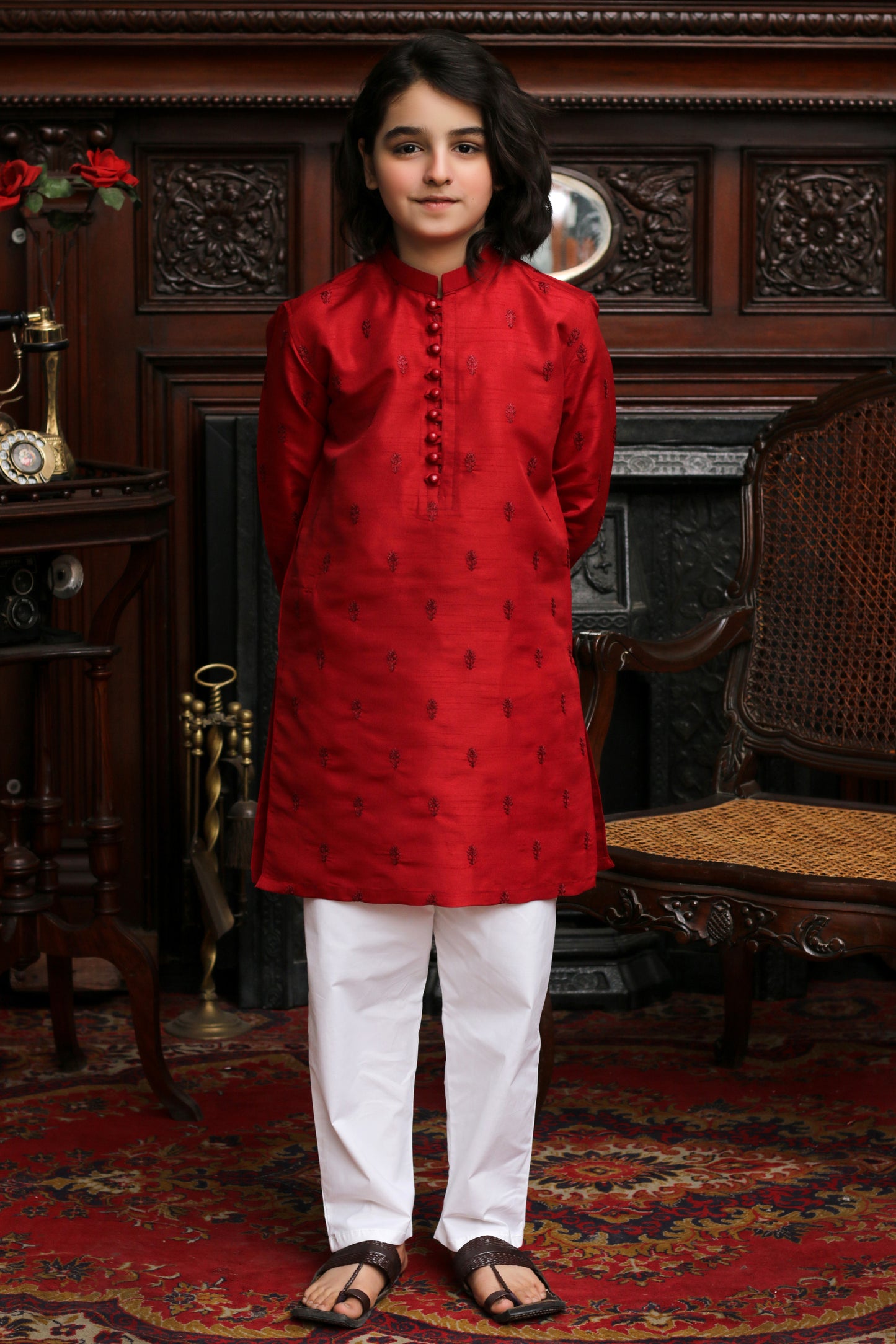 RED EMBROIDED KID'S COTTON KURTA