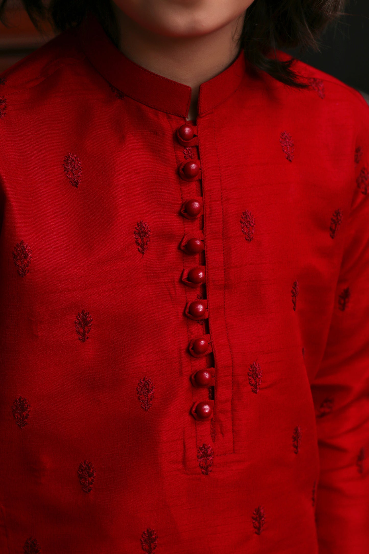 RED EMBROIDED KID'S COTTON KURTA