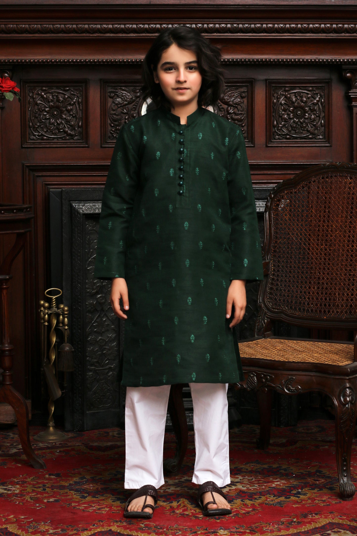 DARK GREEN EMBROIDED KID'S KURTA