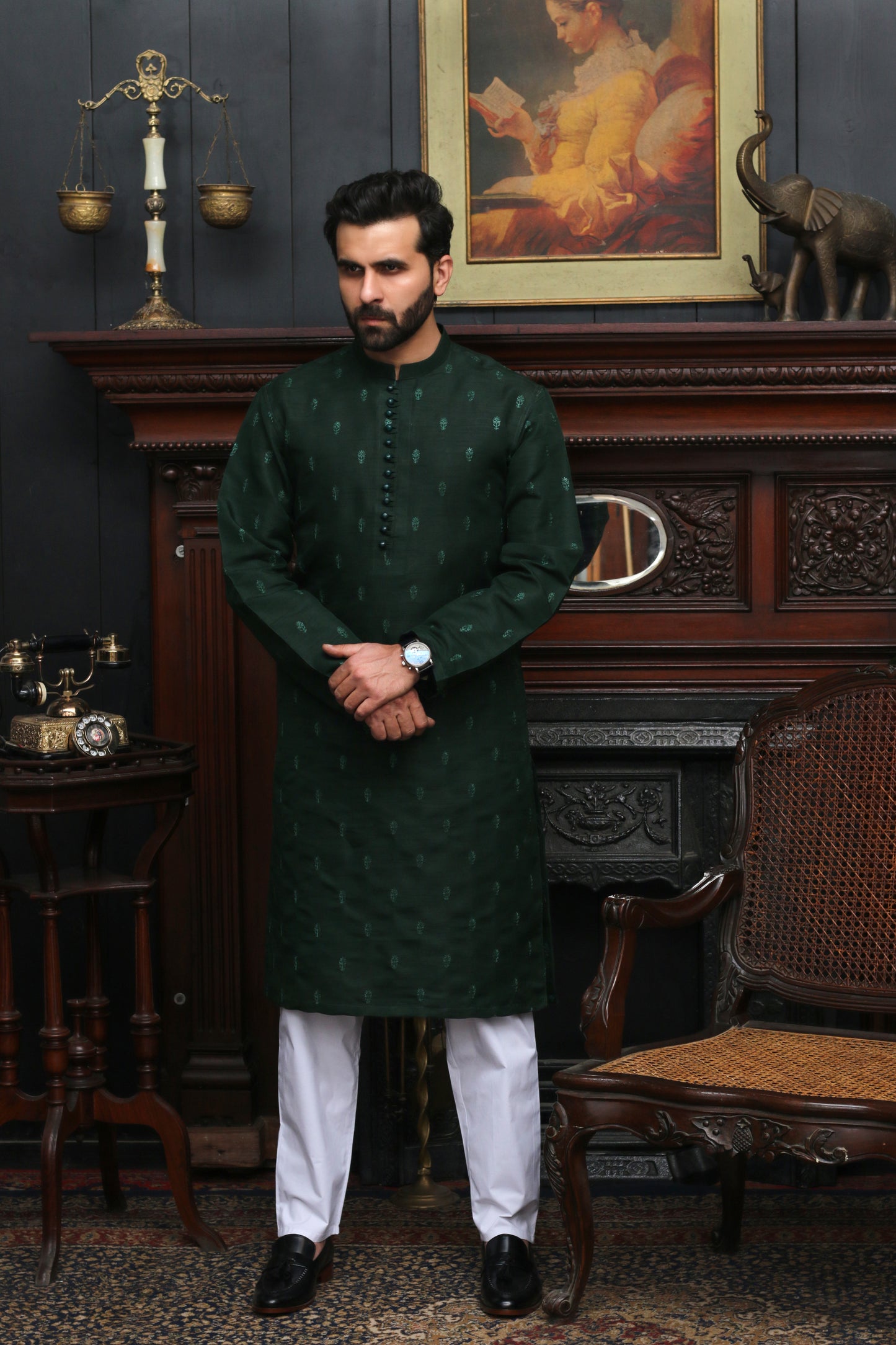 DARK GREEN EMBROIDED MEN'S KURTA