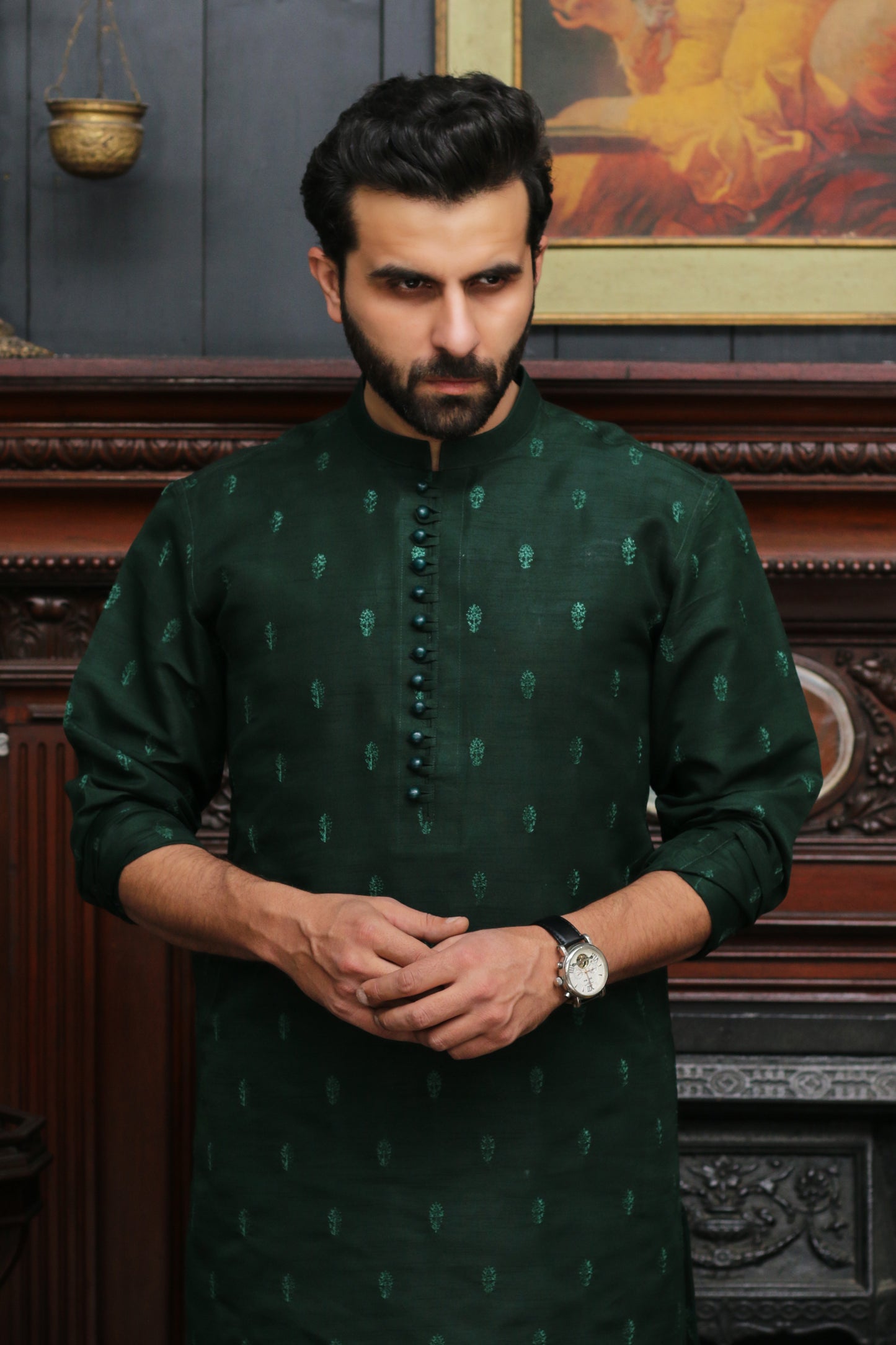 DARK GREEN EMBROIDED MEN'S KURTA