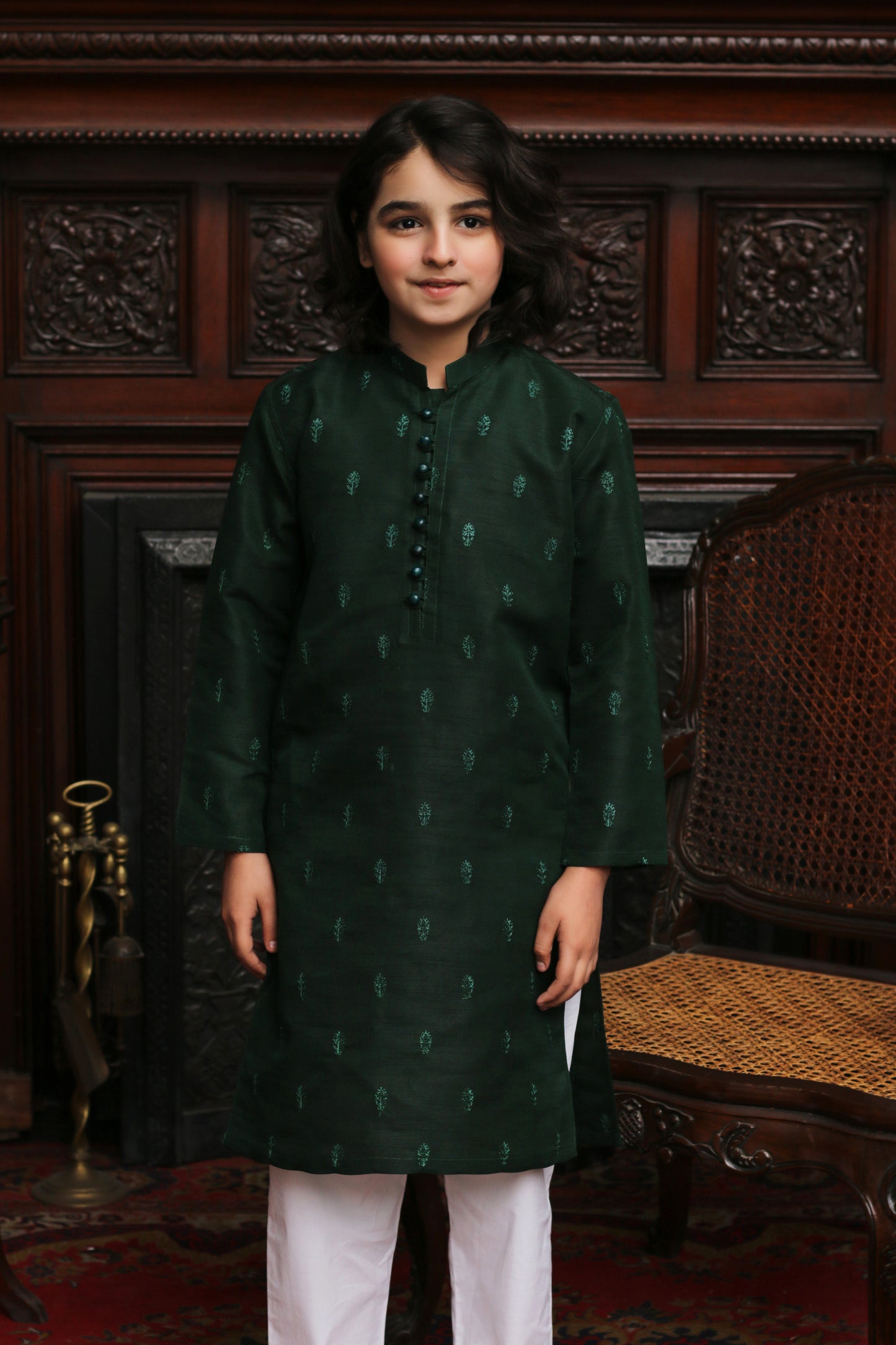 DARK GREEN EMBROIDED KID'S KURTA