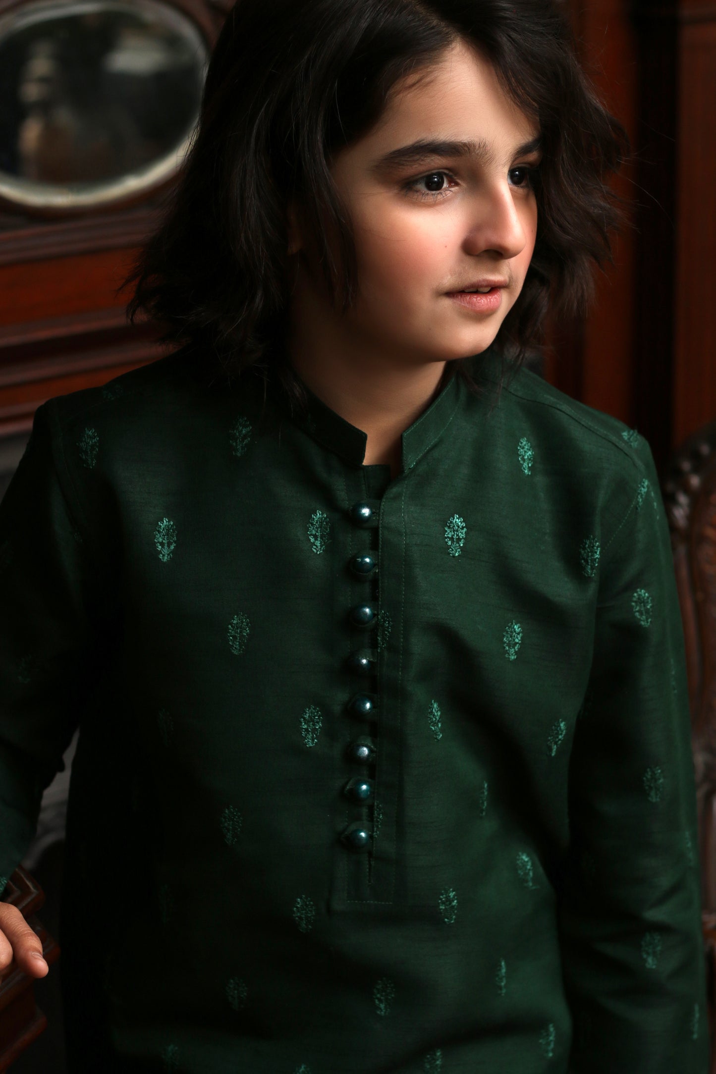 DARK GREEN EMBROIDED KID'S KURTA