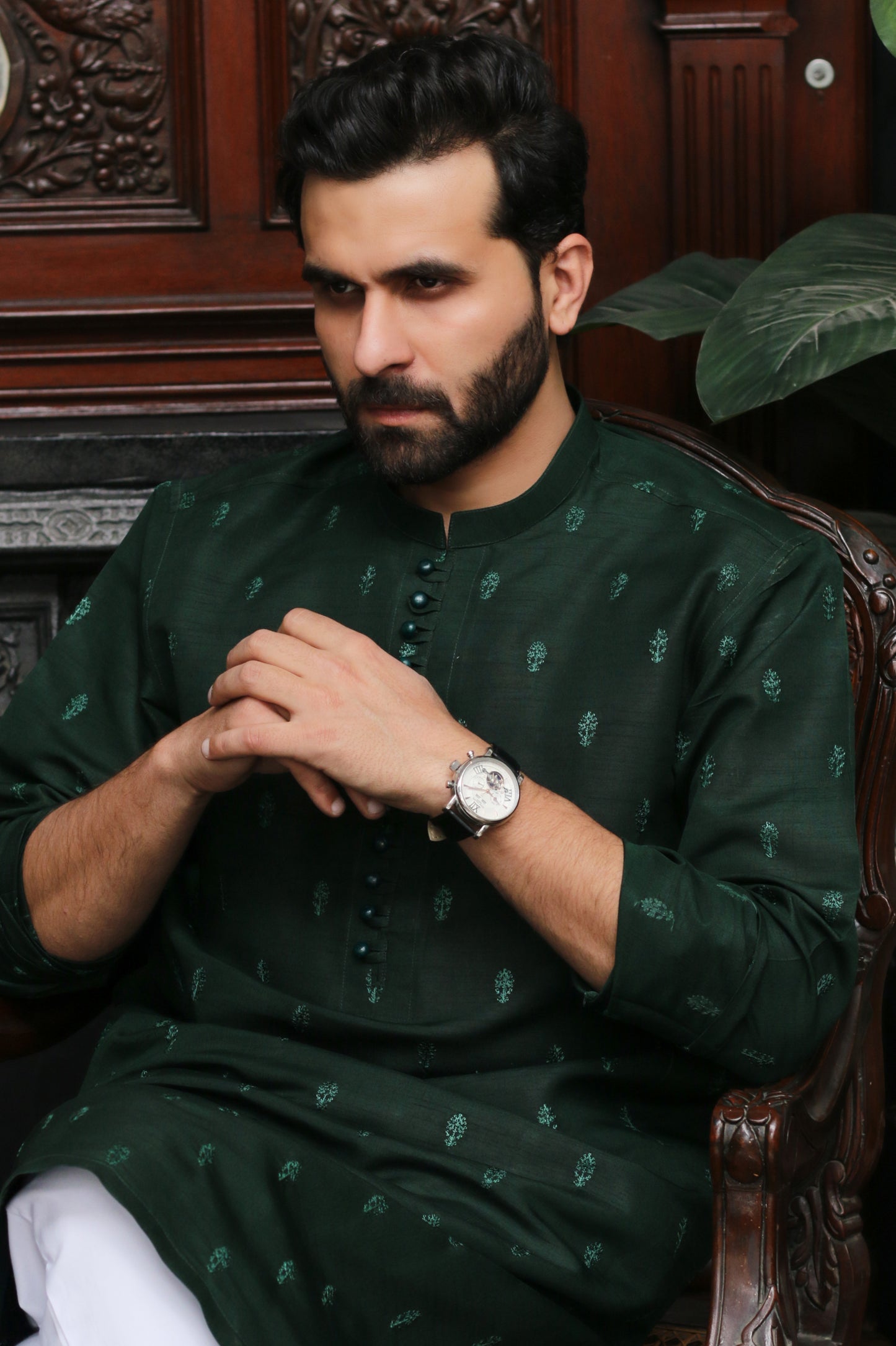 DARK GREEN EMBROIDED MEN'S KURTA