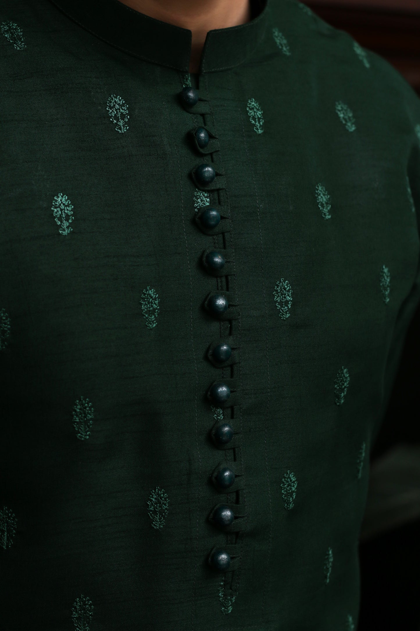 DARK GREEN EMBROIDED MEN'S KURTA