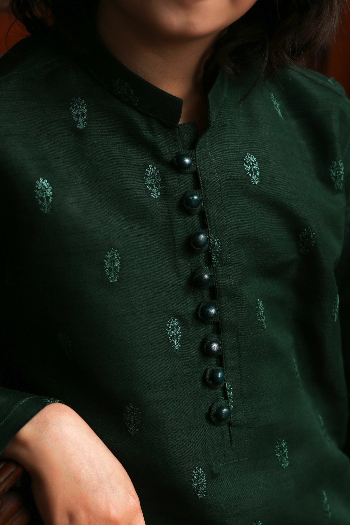 DARK GREEN EMBROIDED KID'S KURTA