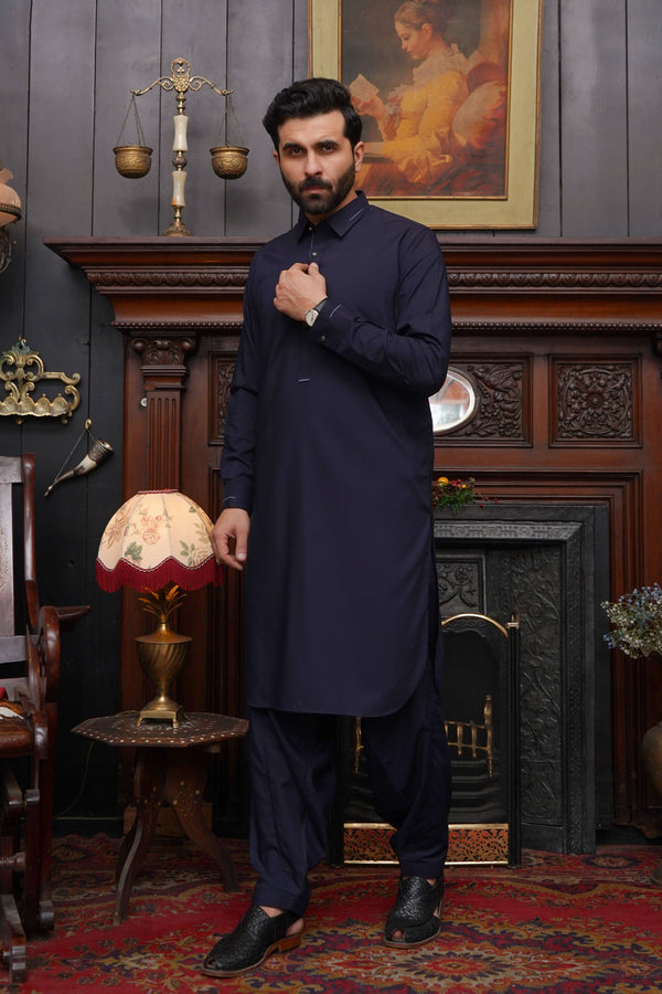 NAVY BLUE MEN'S WASH & WEAR SHALWAR KAMEEZ WITH COLLAR