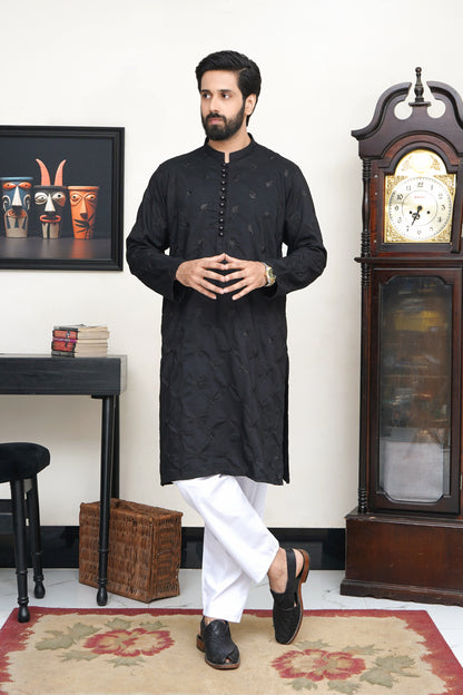JET BLACK EMBROIDED MEN'S KURTA