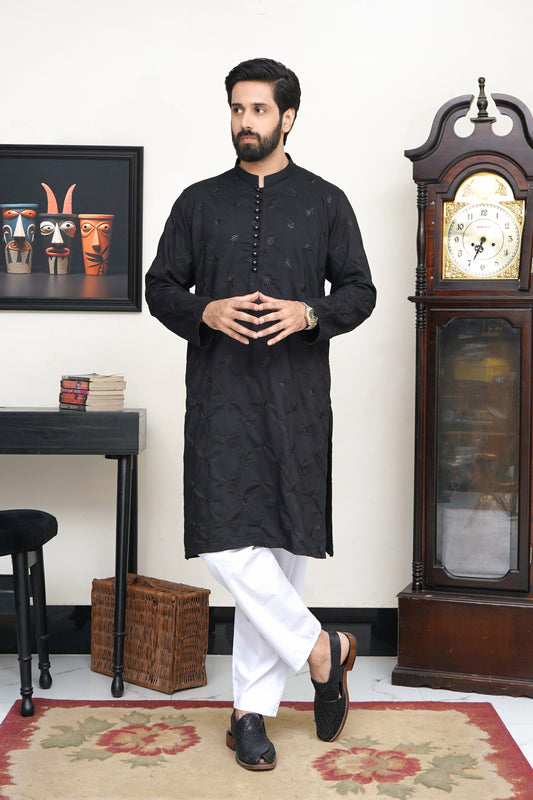 JET BLACK EMBROIDED MEN'S KURTA