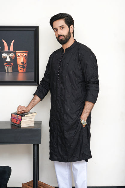 JET BLACK EMBROIDED MEN'S KURTA