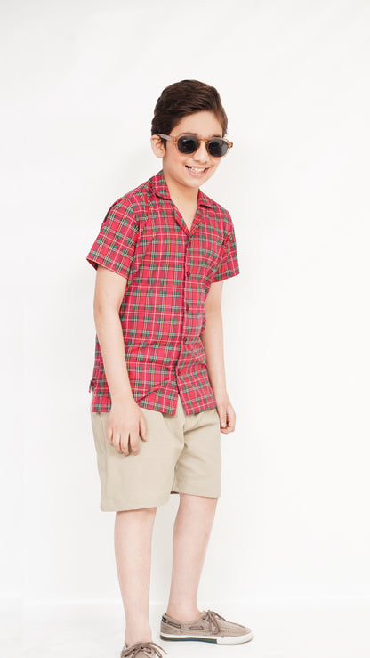 RED PRINT SHIRT AND TWIL NEEKER KID'S PAIR