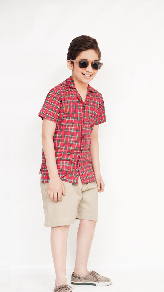RED PRINT SHIRT AND TWIL NEEKER KID'S PAIR