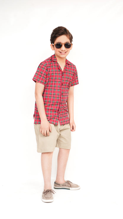 RED PRINT SHIRT AND TWIL NEEKER KID'S PAIR