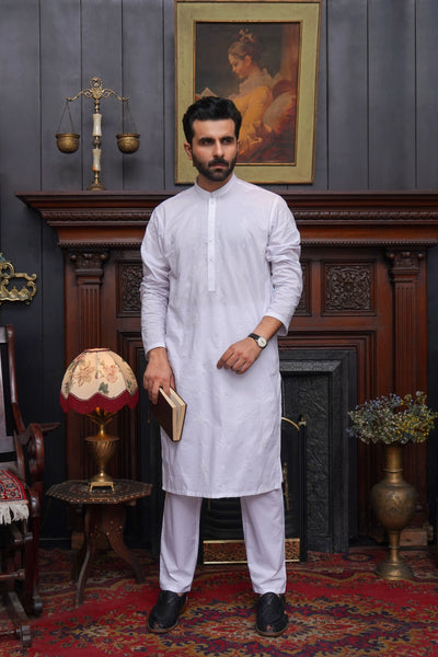 WHITE COTTN EMBROIDED MEN'S  KURTA SET