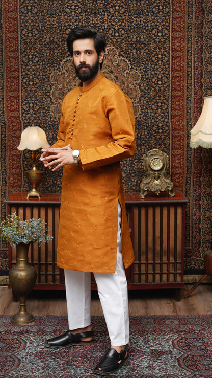 GAMBOGE BROWN EMBROIDED MEN'S KURTA