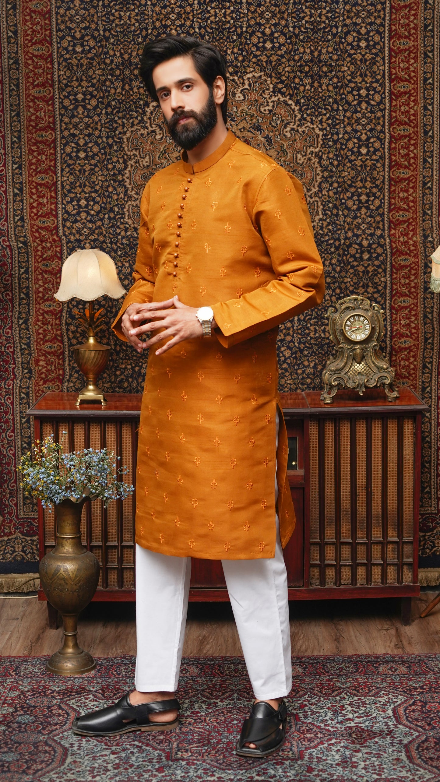 GAMBOGE BROWN EMBROIDED MEN'S KURTA