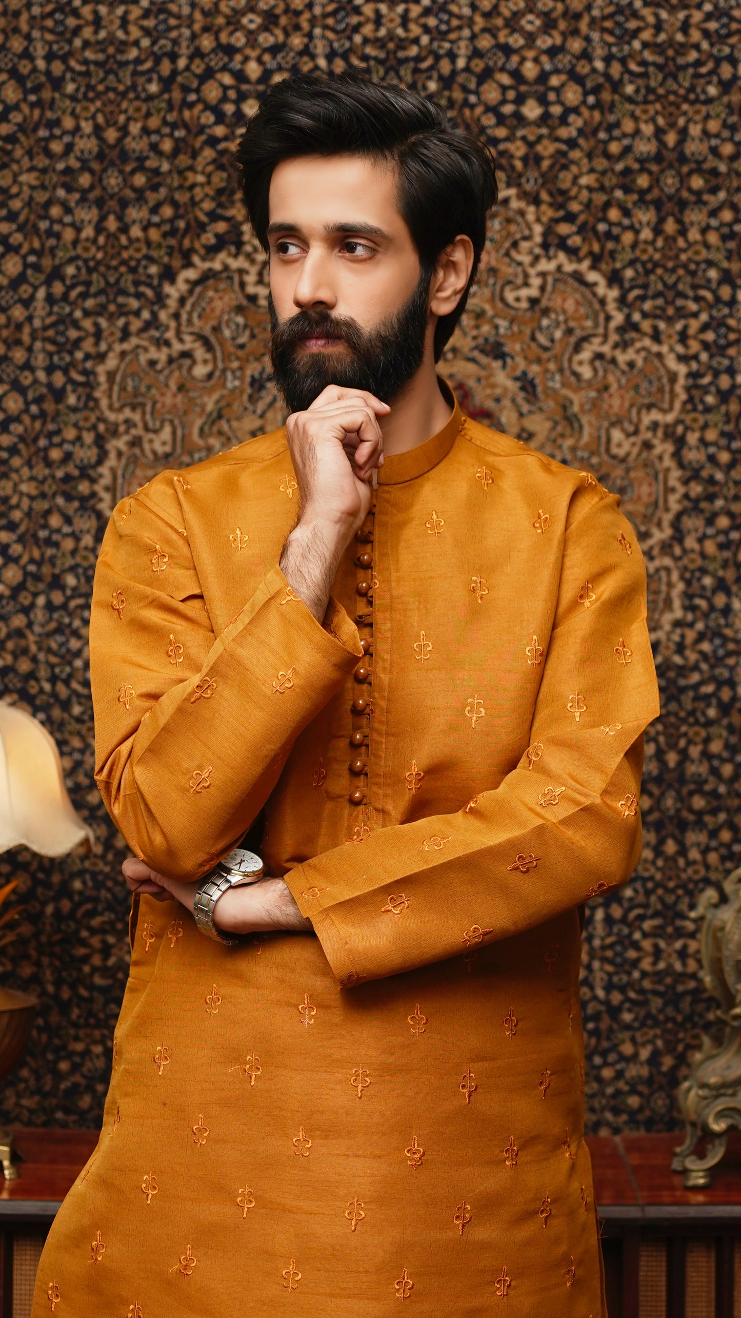 GAMBOGE BROWN EMBROIDED MEN'S KURTA