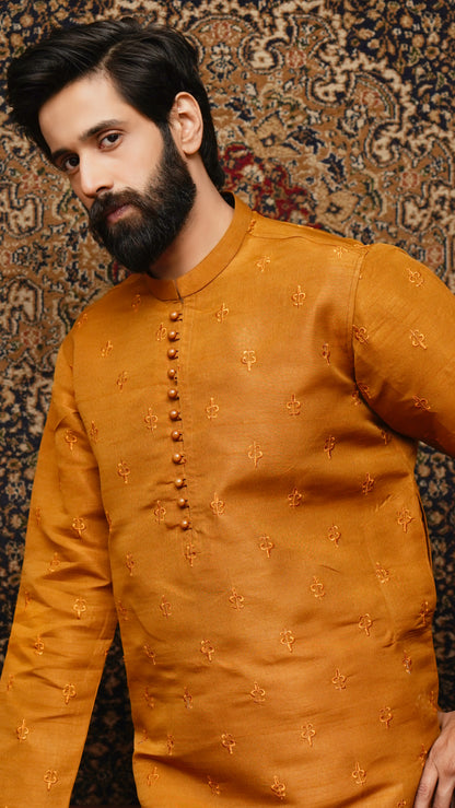 GAMBOGE BROWN EMBROIDED MEN'S KURTA