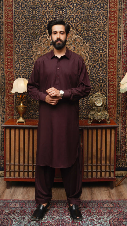 MAROON COLLAR WASH & WEAR MEN'S SHALWAR KAMEEZ