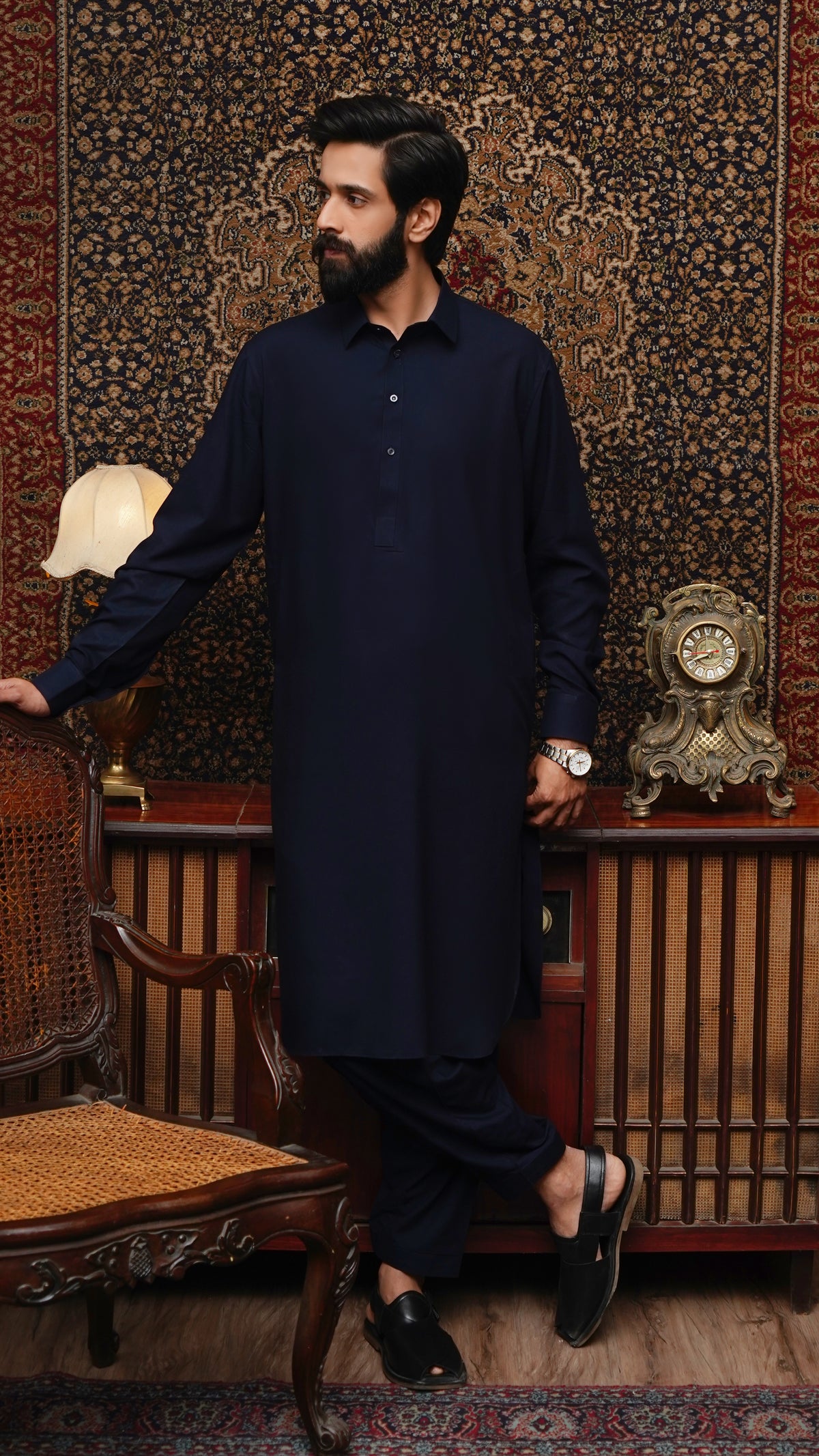 NAVY BLUE COLLAR WASH & WEAR MEN'S SHALWAR KAMEEZ