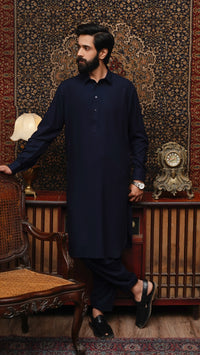 NAVY BLUE COLLAR WASH & WEAR MEN'S SHALWAR KAMEEZ