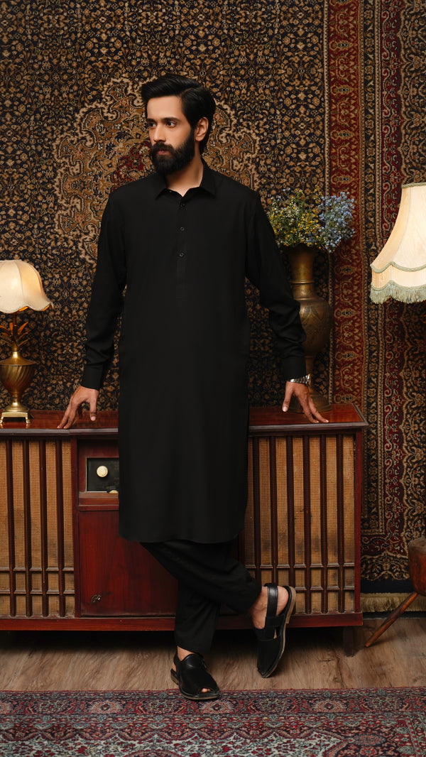 JET BLACK COLLAR WASH & WEAR MEN'S SHALWAR KAMEEZ