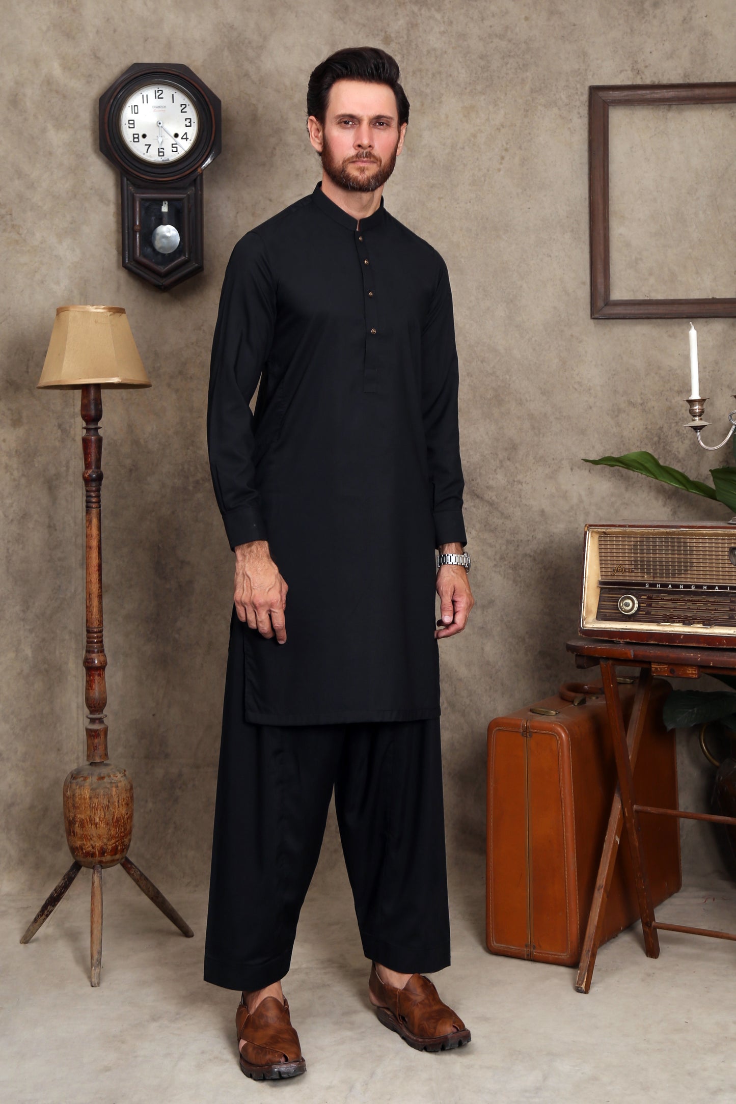 JET BLACK MEN'S WASH & WEAR SHALWAR KAMEEZ WITH SIMPLE BAN