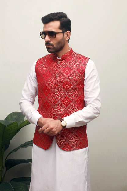 RED / PINK EMBROIDERY JAMAWAR MEN'S WAIST COAT