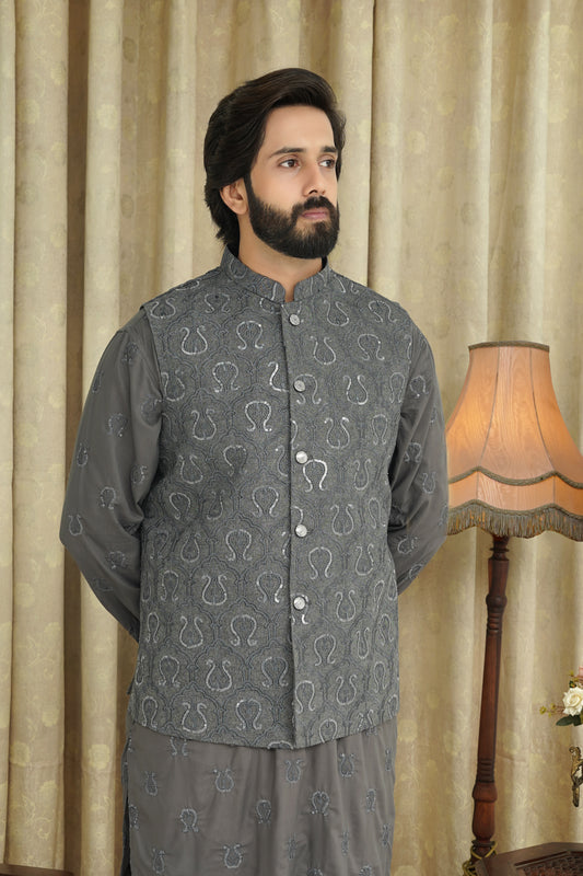 GRAY SEQUENCE EMBROIDERY MEN'S WAIST COAT