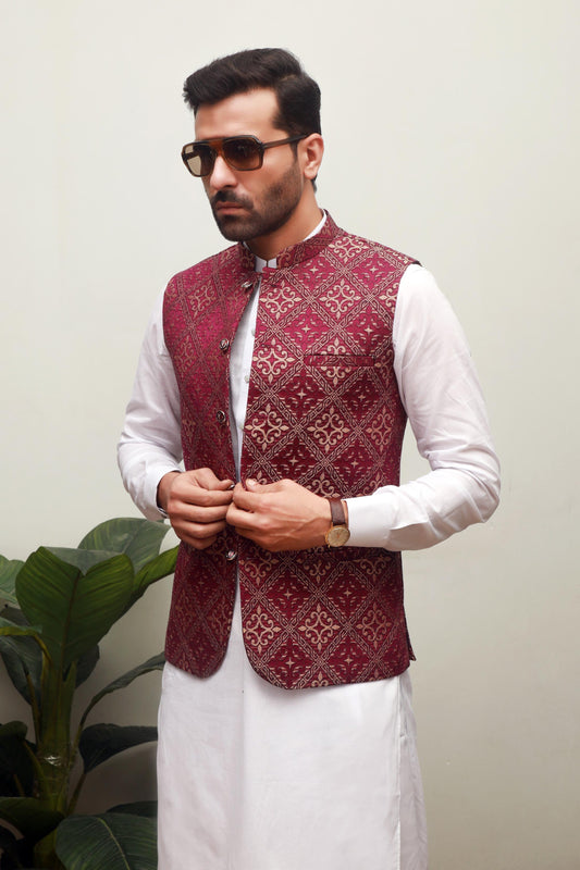 PURPLE EMBROIDERY JAMAWAR MEN'S WAIST COAT