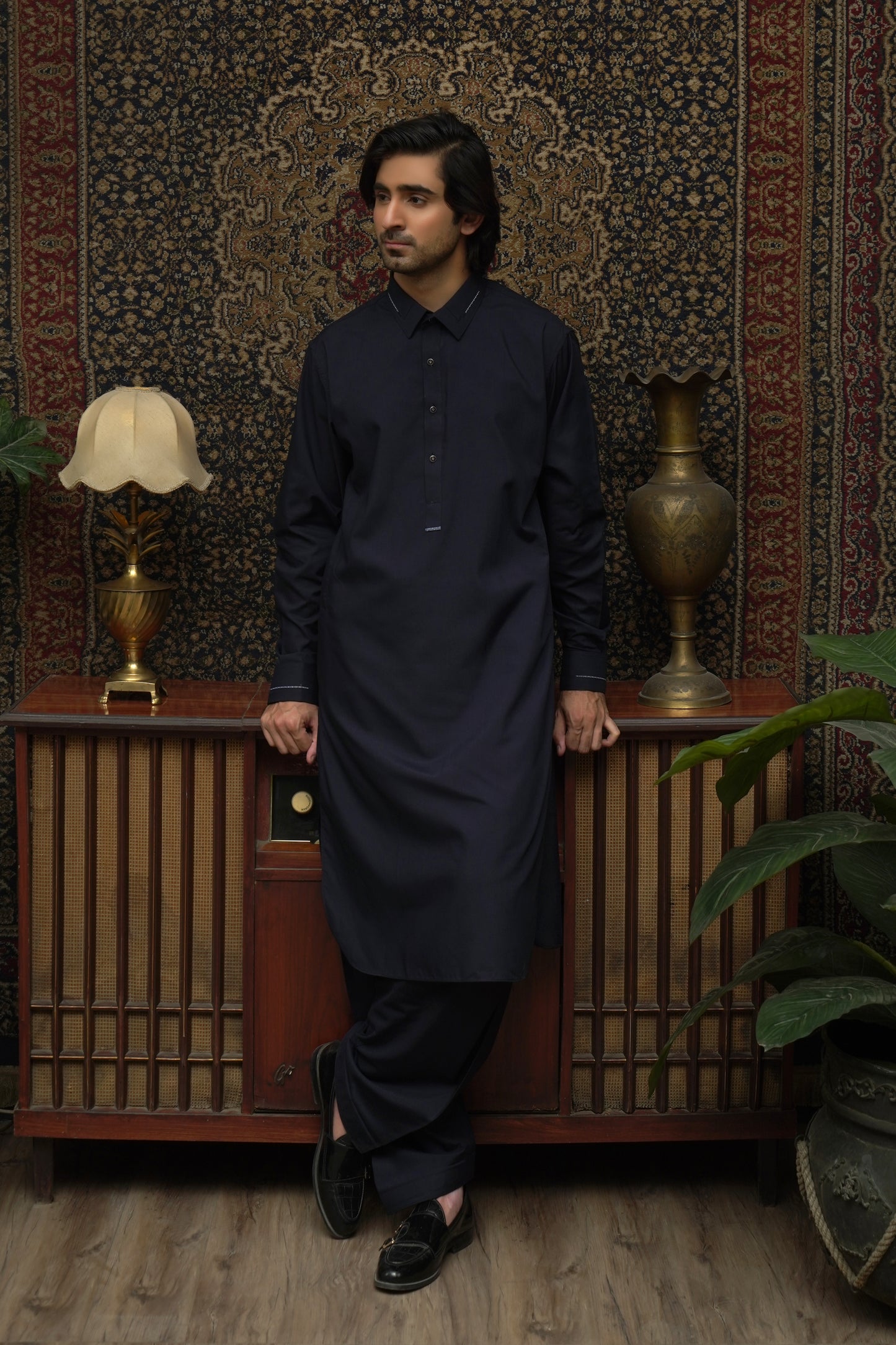 NAVY BLUE MEN'S WASH & WEAR SHALWAR KAMEEZ WITH COLLAR