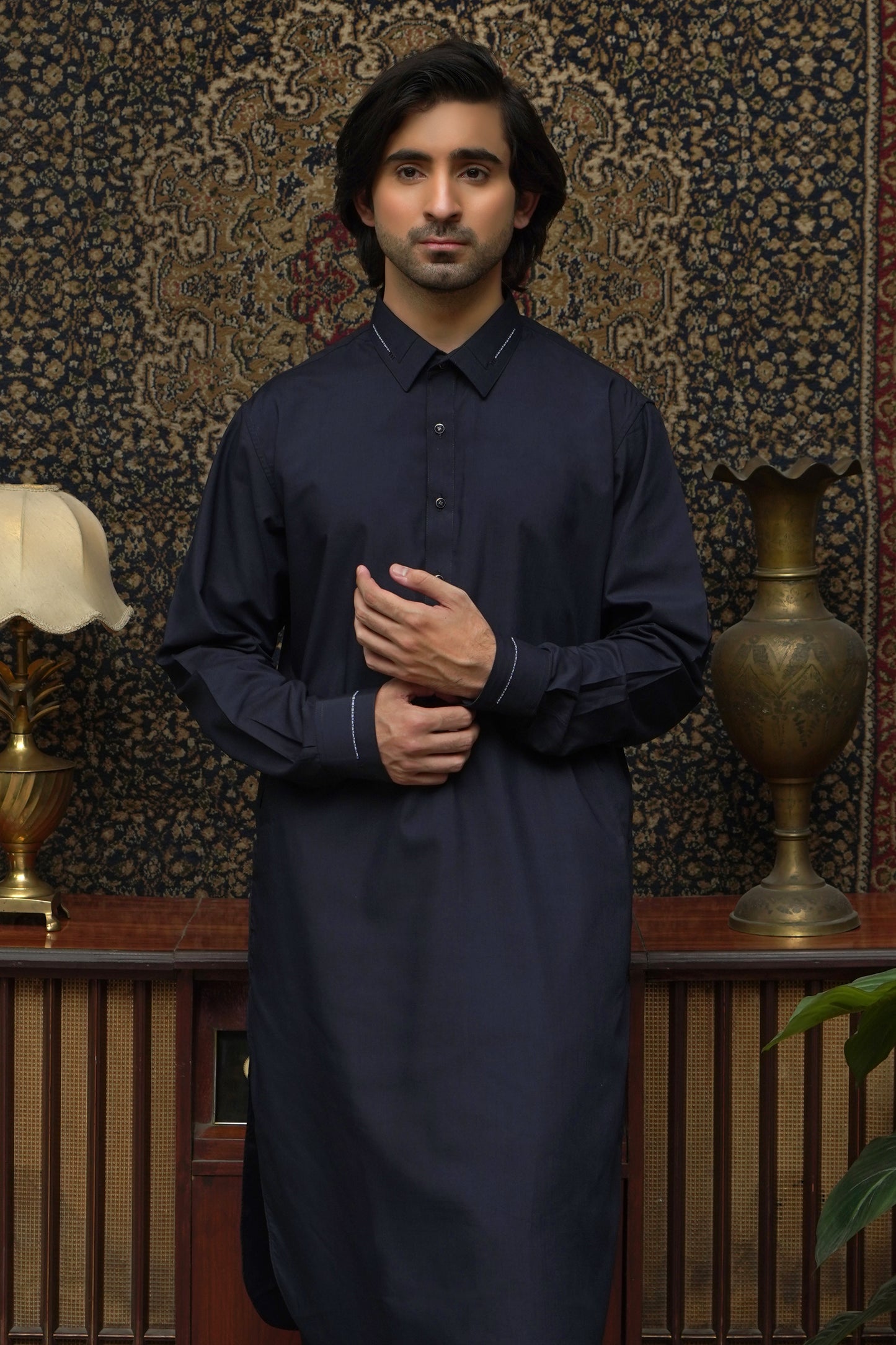 NAVY BLUE MEN'S WASH & WEAR SHALWAR KAMEEZ WITH COLLAR