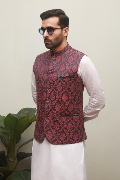 PURPLE PRINT JAMAWAR MEN'S WAIST COAT