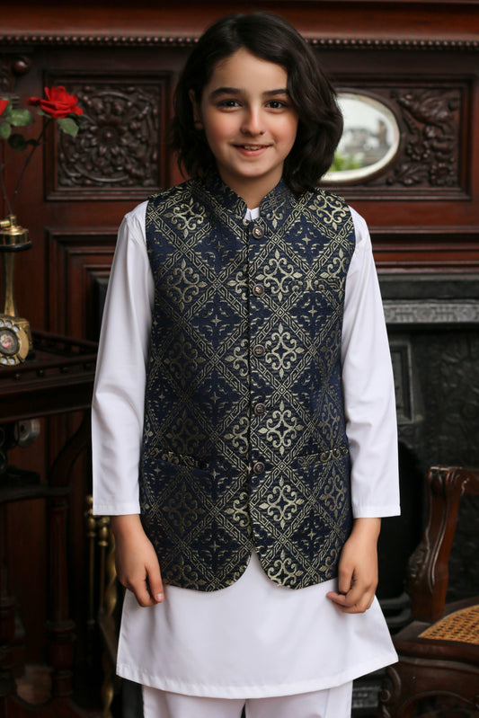 CHARCOAL BLUE EMBROIDED JAMAWAR KID'S WAIST COAT