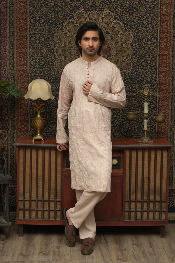CREAM CHICKEN COTTON MEN'S KURTA SET