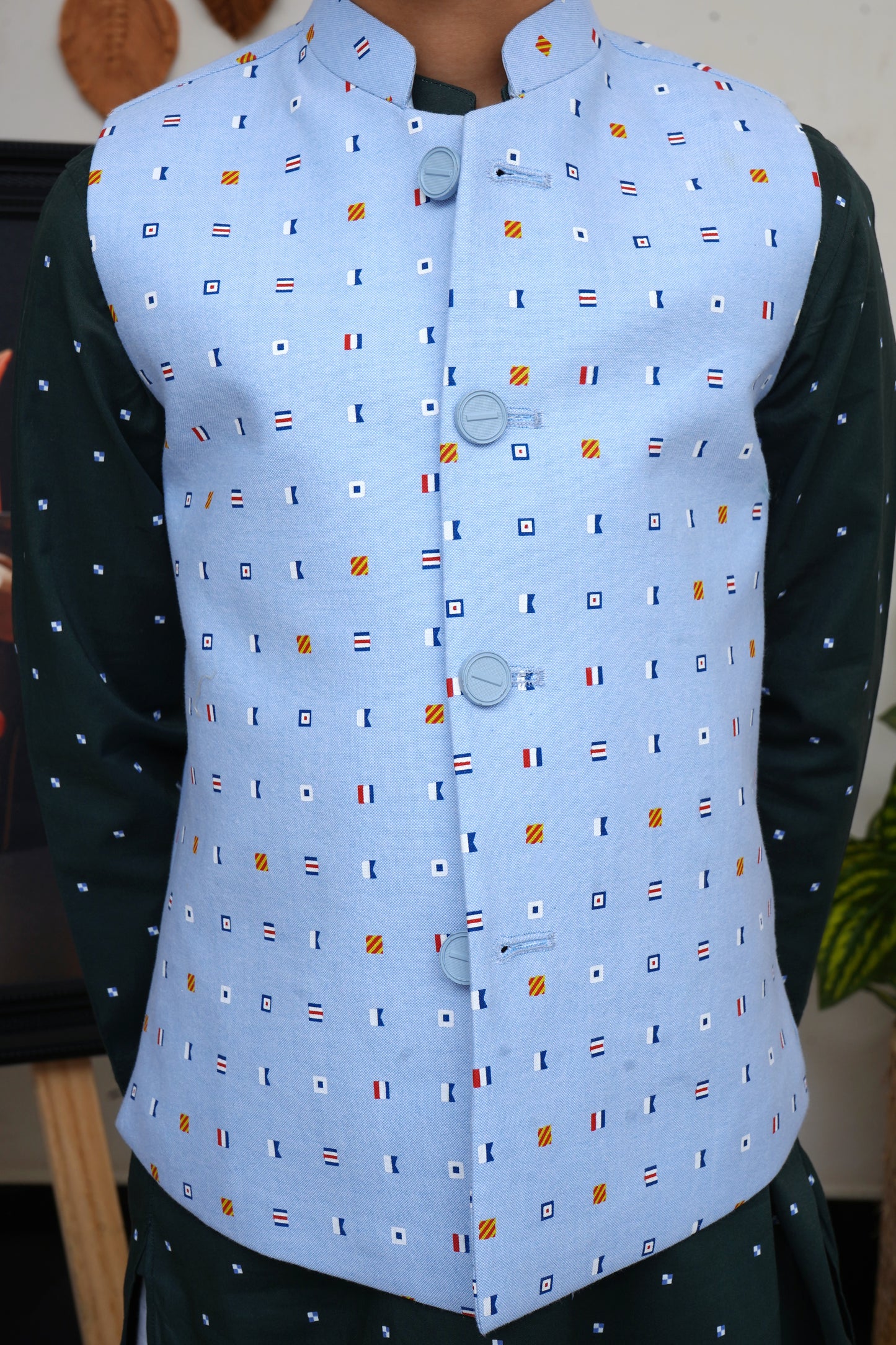 ICE BLUE PRINTED KID'S WAIST COAT