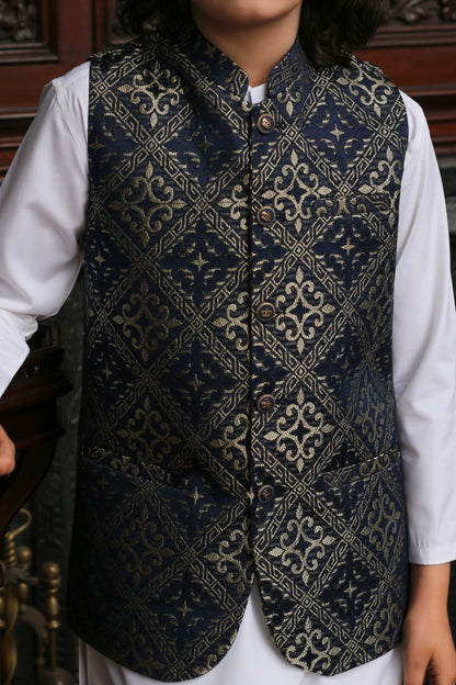 CHARCOAL BLUE EMBROIDED JAMAWAR KID'S WAIST COAT