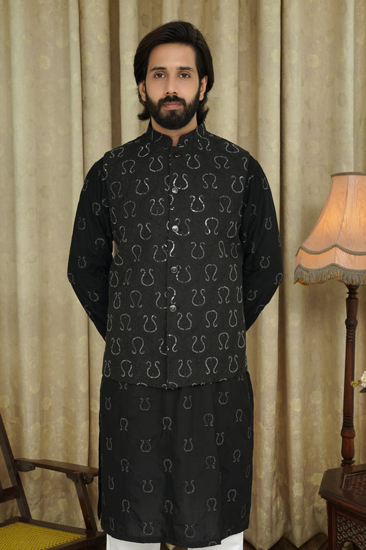 BLACK SEQUENCE EMBROIDERY  MEN'S WAIST COAT