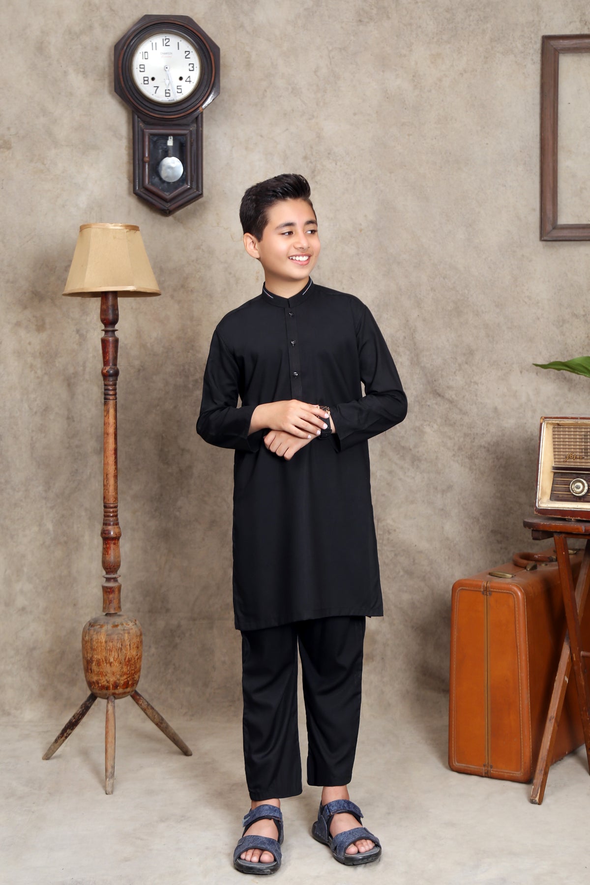 BLACK  WASH & WEAR KID'S KURTA SET WITH BLACK BUTTONS